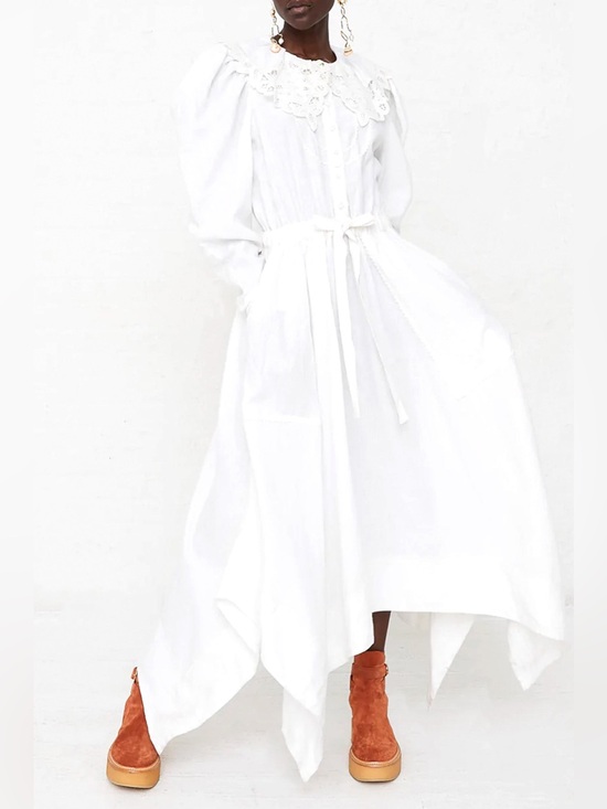 Ulla Johnson Dresses & Skirts - ULLA JOHNSON Fiona Midi Dress Bone White 100% Linen Size 8 Crochet Collar Tie
